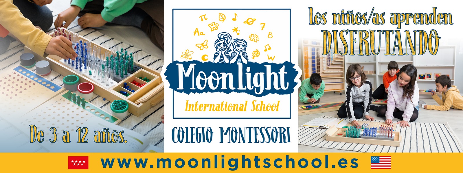 Banner Moonlight School con el logo oficial y diferentes niños con actividades. Texto que dice: Los niños/as aprenden disfrutando